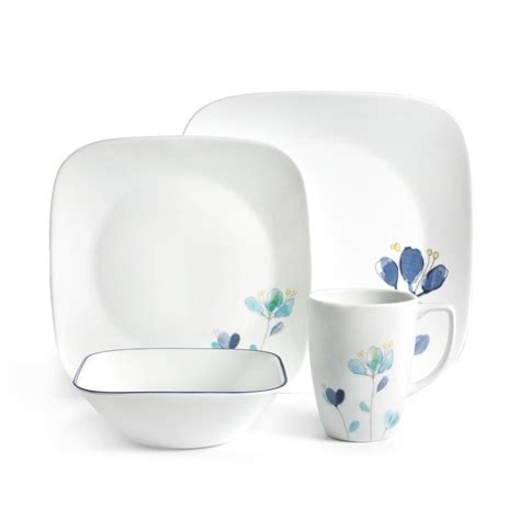 Corelle Square Dalena 16-Piece Country/Cottage Blue Flower Petals Glass ...