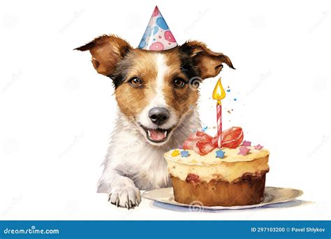 Funny Dog with Birthday Cake and Hat. Stock Photo - Image of copyspace ...