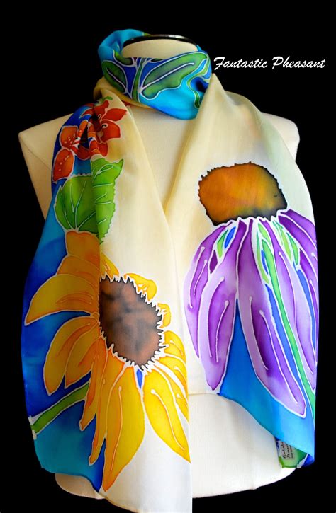 Silk Scarf hand painted summer flowers on a blue and tan | Silk scarf ...