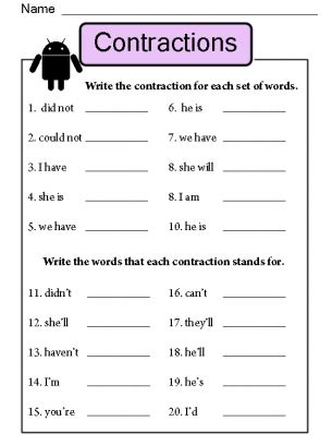 Contractions Worksheet | Contraction worksheet, School worksheets ...