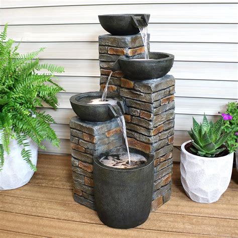 Sunnydaze Outdoor Water Fountain -Staggered Pottery Bowls - LED Lights ...