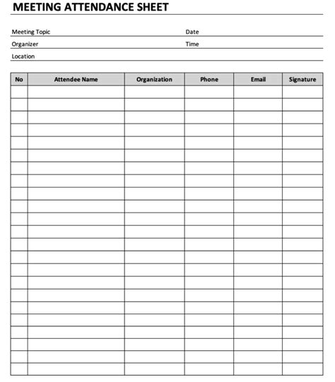 Meeting Attendance Sheet » ExcelTemplate.net