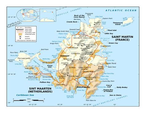 Large political map of Sint Maarten, Saint Martin with relief, roads ...