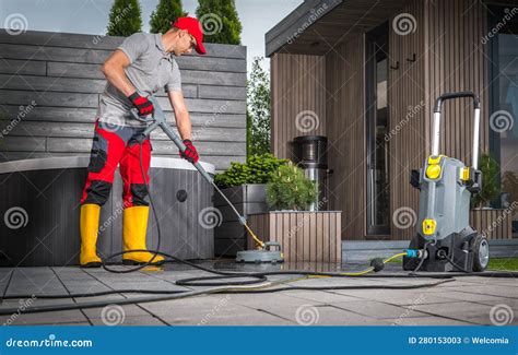 Pressure Washing Concrete Bricks Patio Using Surface Attachment Stock ...