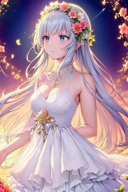 Premium AI Image | Anime girl with white hair wearing white dress on a ...