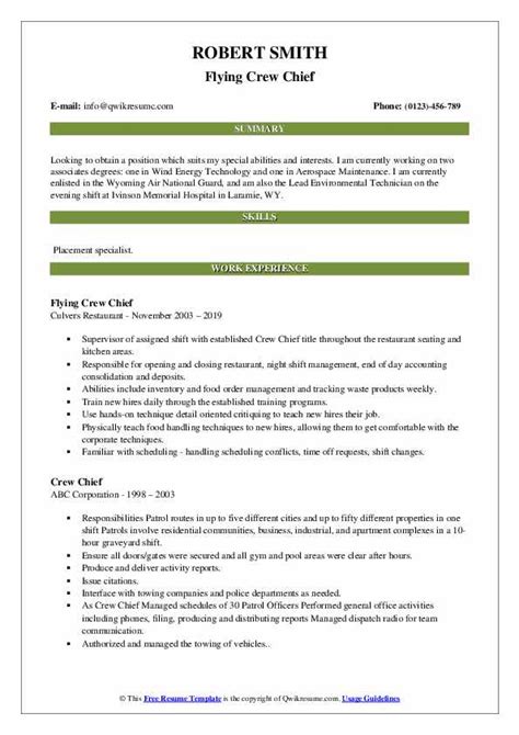 Crew Chief Resume Samples | QwikResume