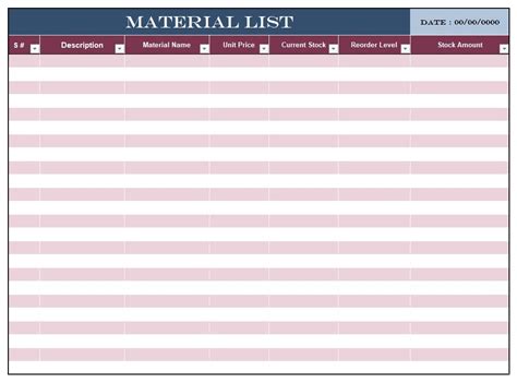 Material List Template | Free Word Templates