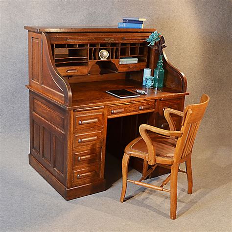 Antique Roll Top Writing Bureau Desk Oak Edwardian Globe Wernicke ...