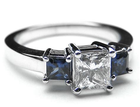 Engagement Ring -Three Stone Princess Diamond Engagement Ring with Blue ...