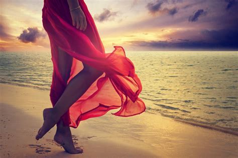 Red beach feet dress sunshine sea lady woman sunset ocean wallpaper ...