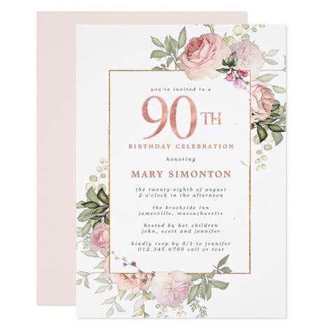 Blush Pink Gold Floral 90th Birthday Party Invitation | Zazzle.com