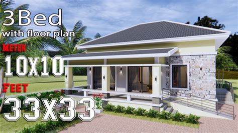 House Design 10x10 with 3 Bedrooms Hip Roof - House Plans 3D