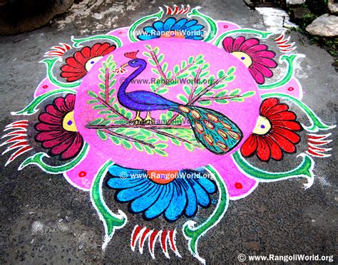 Peacock Rangoli Jan 2014 with flowers and tree