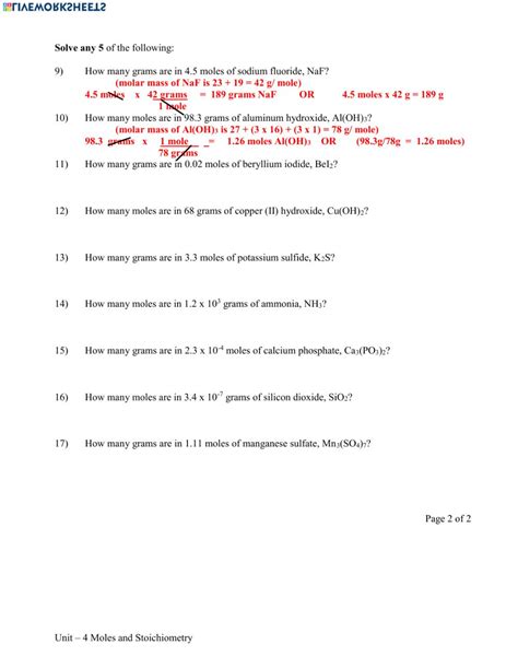 Chemistry: Mole Calculation Worksheet worksheet