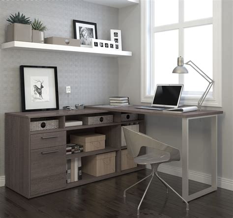 59" x 59" Bark Gray L-shaped Desk with Storage by Bestar - OfficeDesk.com