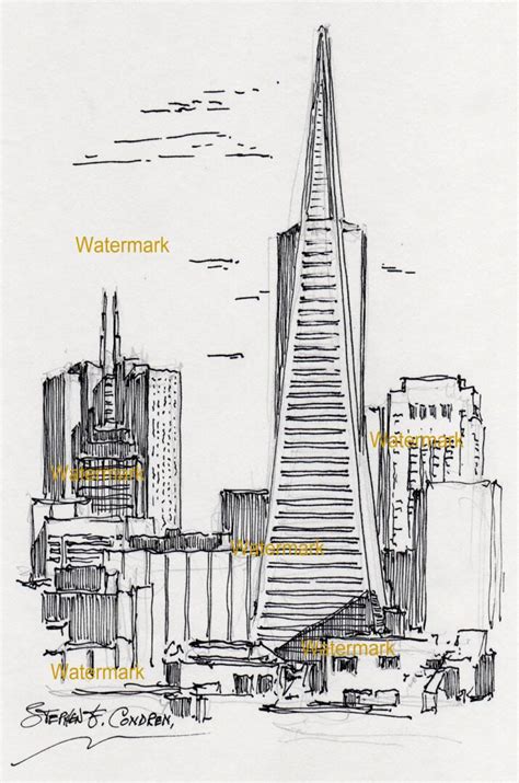 San Francisco skyline pen & ink drawing of Transamerica Pyramid.