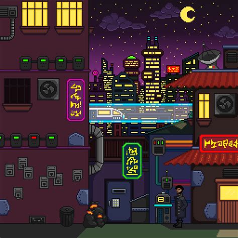 an image of a city at night with neon signs and buildings in the foreground