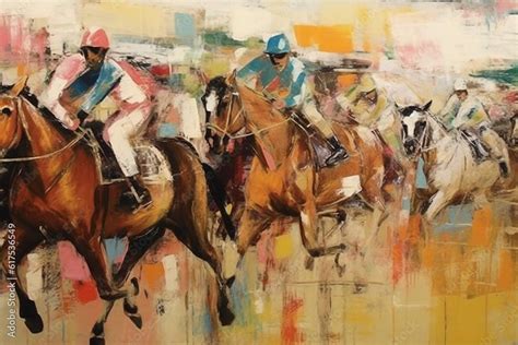 Fine art Oil Painting of Horse Racing. Race-riding sport jockeys ...