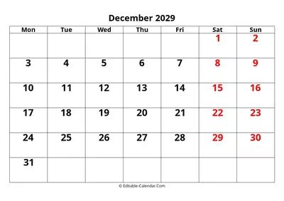 Download Editable 2029 Calendar December, weeks start on Sunday