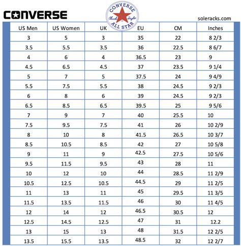 Converse Chuck Taylor Shoes Size Chart - Soleracks