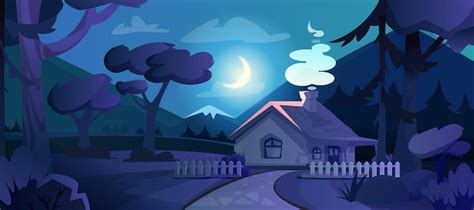 Free Vector | Cartoon country house with glow windows in night forest