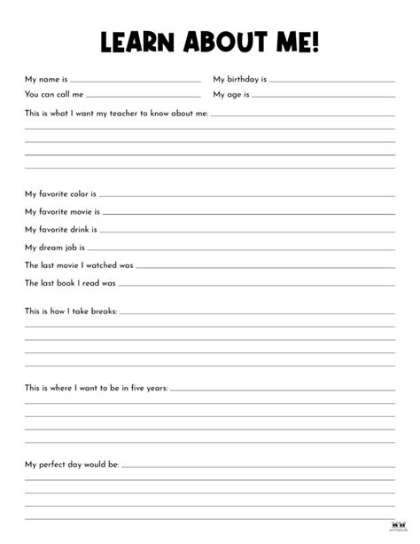 All About Me Printables 4th Grade