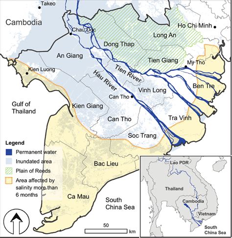 Map of Mekong Delta with provinces, flood-prone areas, and brackish ...