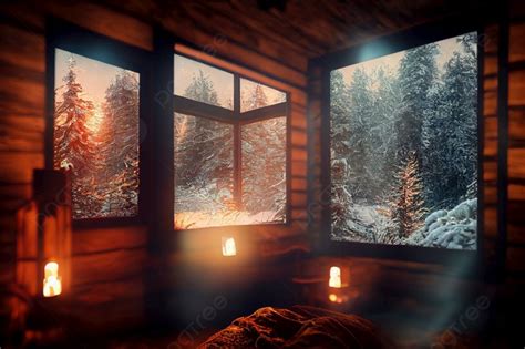 Cozy Wooden Cabin Interior In Winter Forest With Snow Cabin In Winter ...