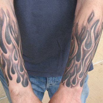 Black and grey flame half-sleeve tattoo by Steve Anderson | Yelp Skull ...