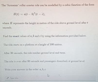 Solved: The ‘Screamer’ roller coaster ride can be modelled by a cubic ...