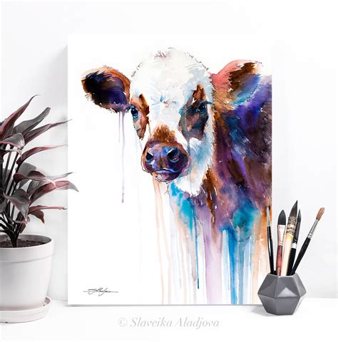 Cow watercolor painting print by Slaveika Aladjova, animal art ...