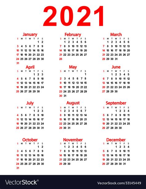 Calendar new year 2021 Royalty Free Vector Image