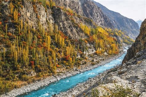 Premium Photo | Colorful hunza valley in autumn with flowing hunza ...