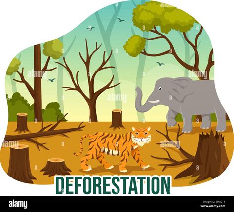 Deforestation Illustration with Tree in the Felled Forest and Burning ...