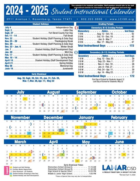 Lamar Consolidated Independent School District Calendar 2024-2025