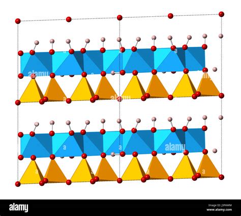 Kaolinite clay mineral, crystal structure. Shown as mixed spheres ...