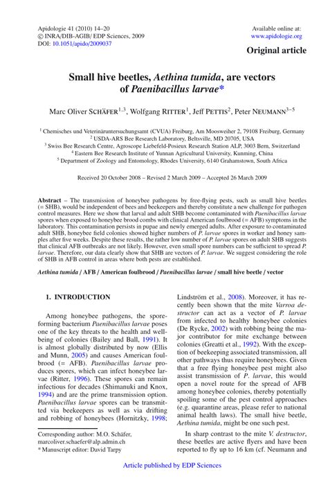 (PDF) Small hive beetles, Aethina tumida, are vectors of Paenibacillus ...