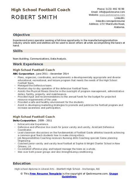 High School Football Coach Resume Samples | QwikResume