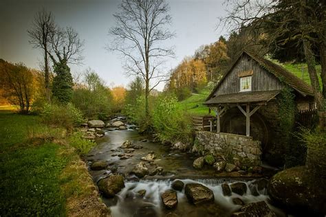 HD wallpaper: river near gray wooden house at daytime, mill, water ...