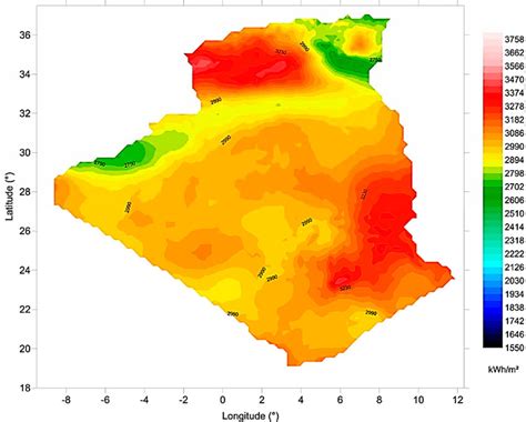 Yearly direct normal solar irradiation map (on surface with two axis ...