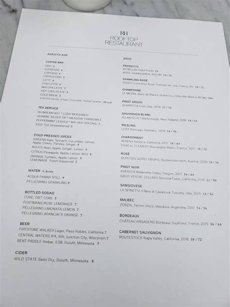 Menu at RH Rooftop Restaurant Minneapolis, Edina