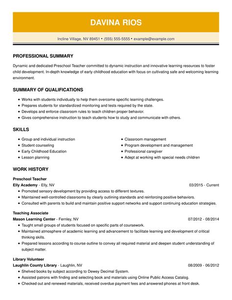 Preschool Teacher Resume Example | MyPerfectResume