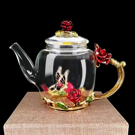 Enamel Glass Teapot Luxury Rose Crystal Glass Flower Tea Pot High Grade ...