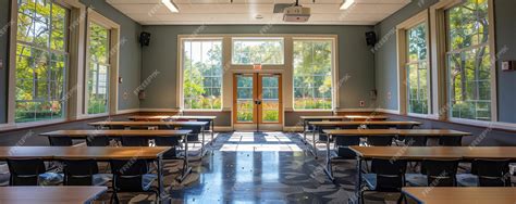 Premium Photo | An Empty Classroom With Desks And Chairs Providing ...