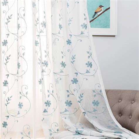 Amazon.com: Floral Embroidery Sheer Curtains Blue 63 Inches, Rod Pocket ...