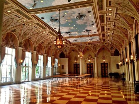 Ballroom from the Breakers Mansion. Center of the ceiling has a cloudy ...