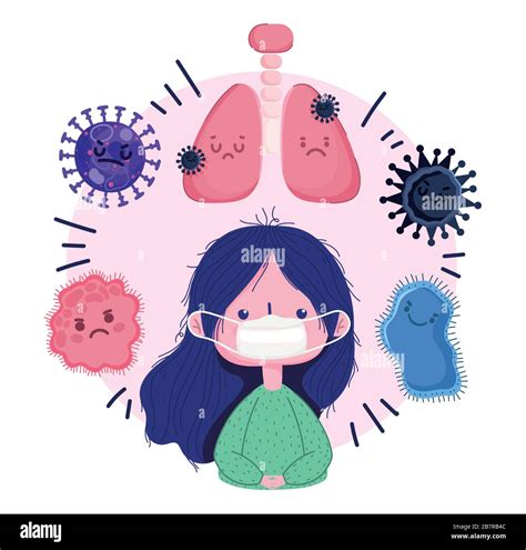 virus covid 19 pandemic, girl wearing mask ill lungs cartoon vector ...