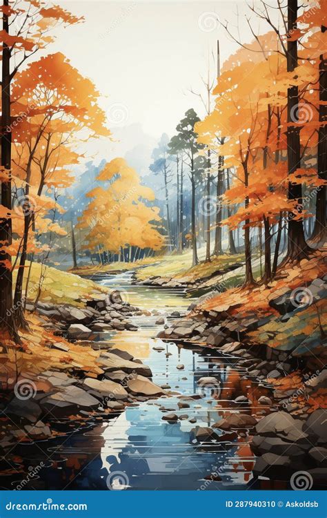 Colorful Autumn Landscape with River, Forest and Sunset. Digital ...