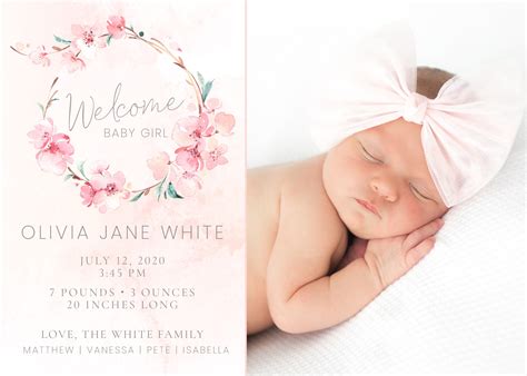 Birth Announcement Card Template for Baby Girl - Customizable Baby Girl ...