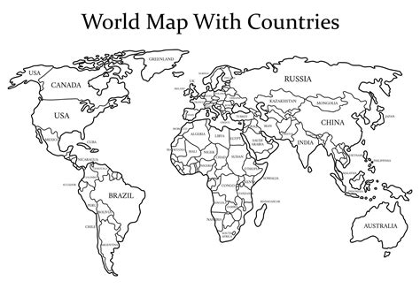 Black and White World Map with Countries | World map printable, Color ...